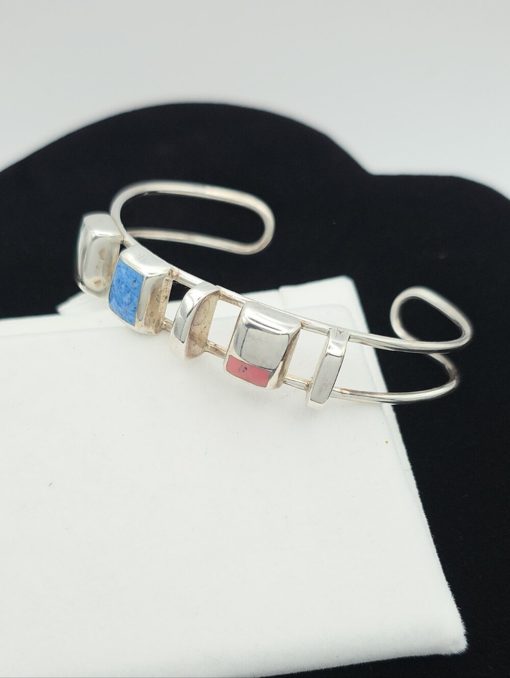 Vintage Taxco 925 Sterling Silver Cuff Bracelet Modernist Inlay
